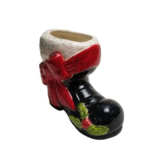 Ceramic Santa Claus Boot Black Christmas Vintage Holly Vase Planter Holiday Bow - Picture 3 of 14